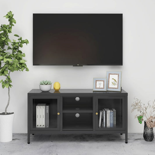 Meuble TV Anthracite 105x35x52 cm Acier et verre